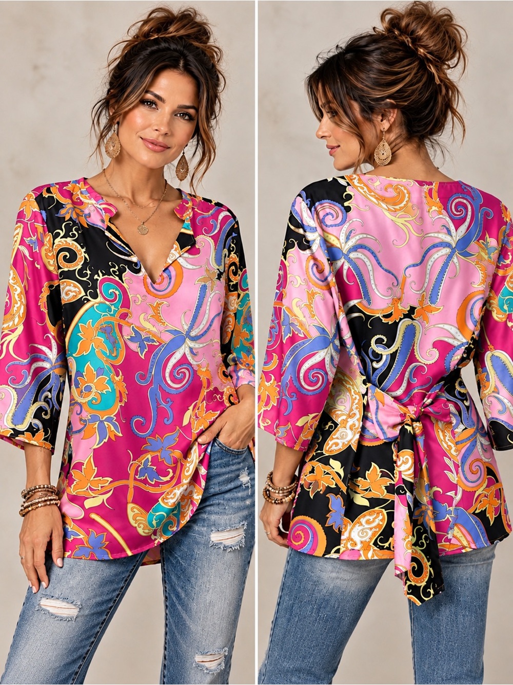 Coldwater Creek Paisley V-Neck Tie-Back Silk Tunic